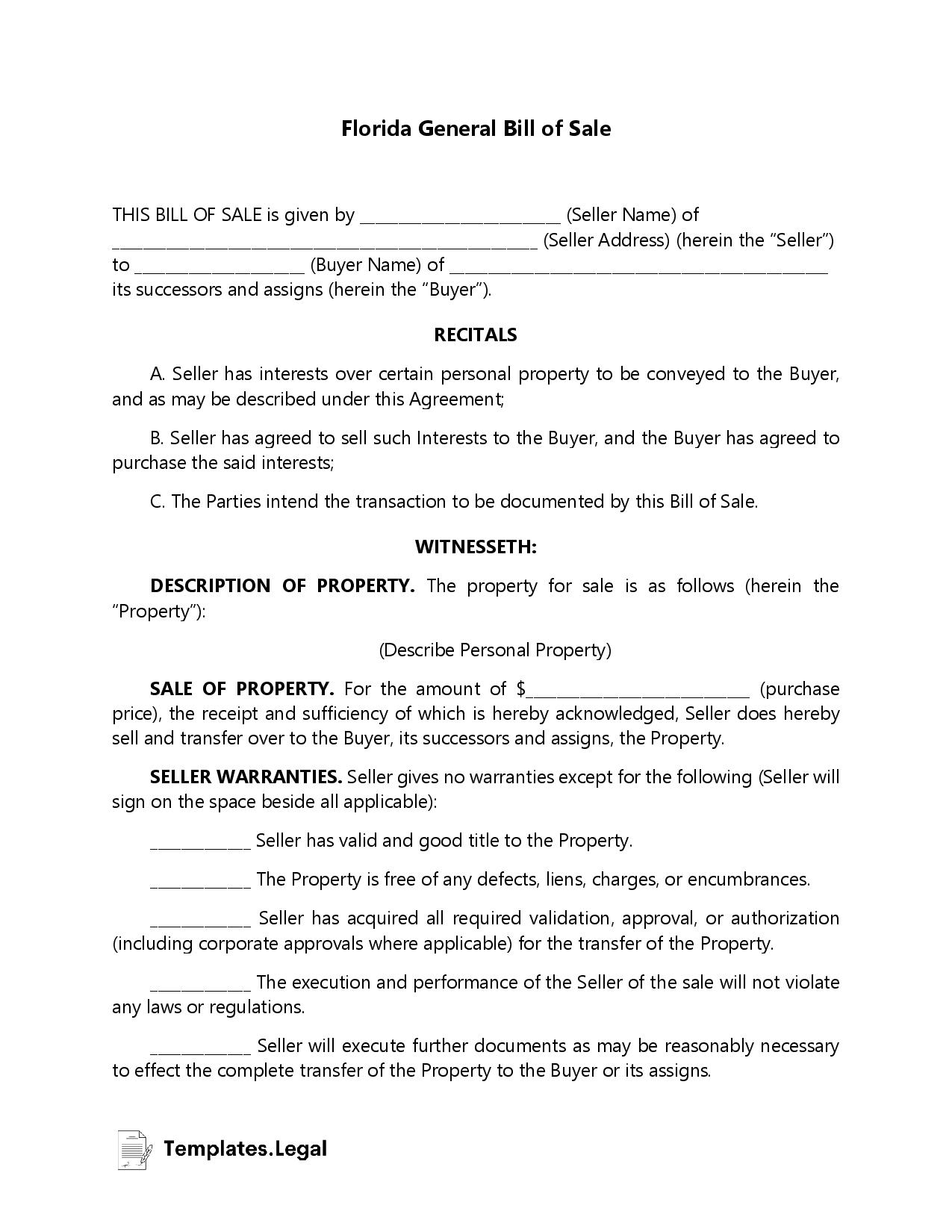 Florida Bill Of Sale Templates Free Word PDF ODT 