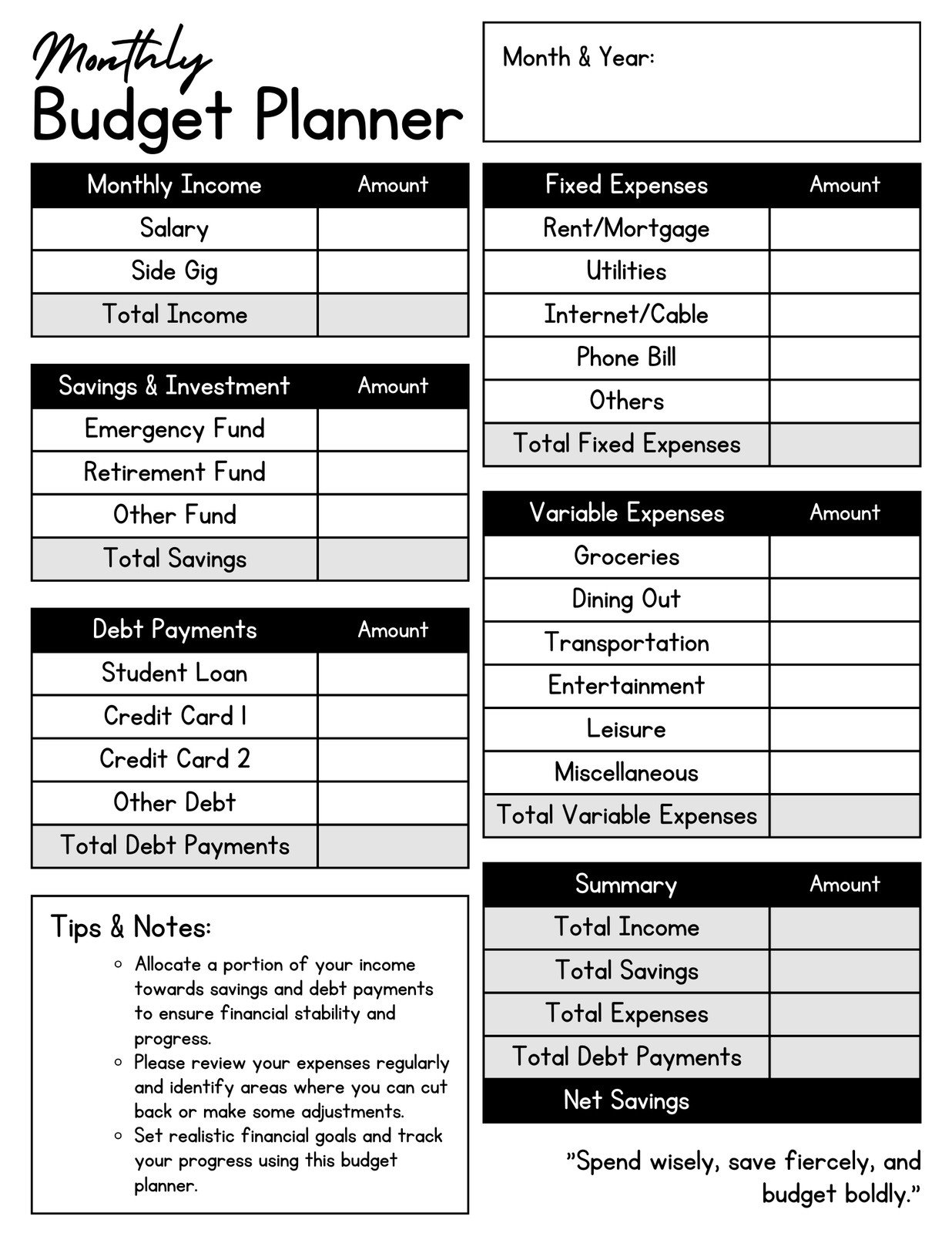 Blank Printable Monthly Budget Charts Free