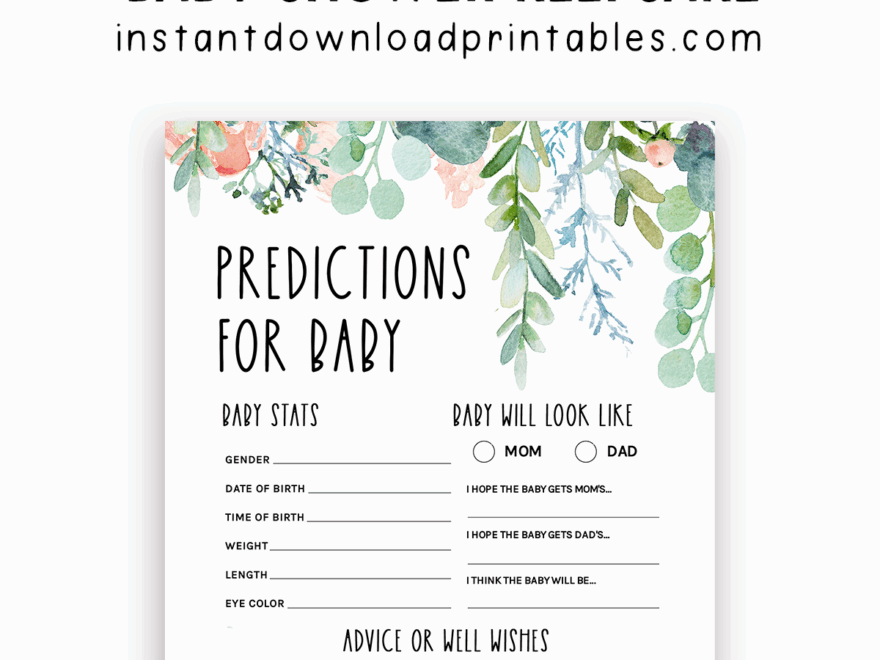 Free Baby Shower Predictions For Baby Keepsake Greenery Floral Flowers Printable Instant Download Instant Download Printables