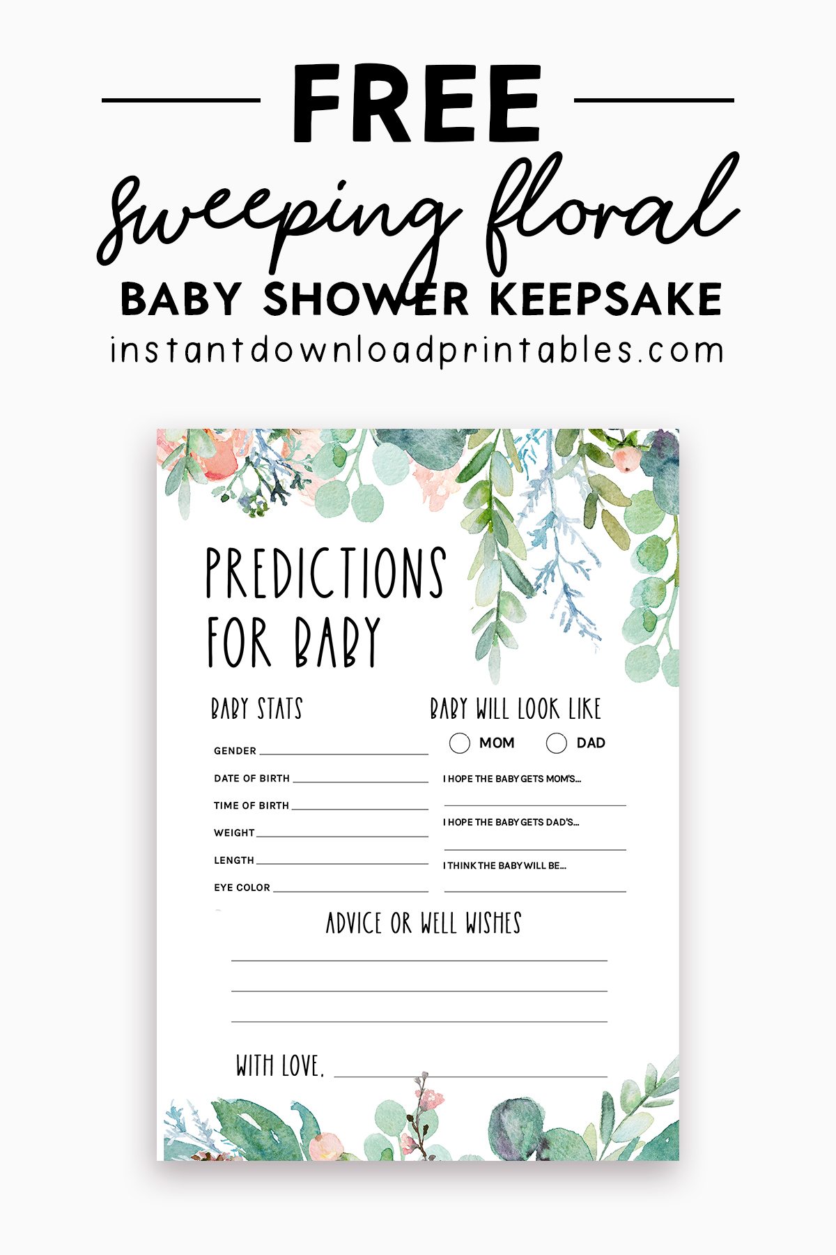Free Baby Shower Predictions For Baby Keepsake Greenery Floral Flowers Printable Instant Download Instant Download Printables
