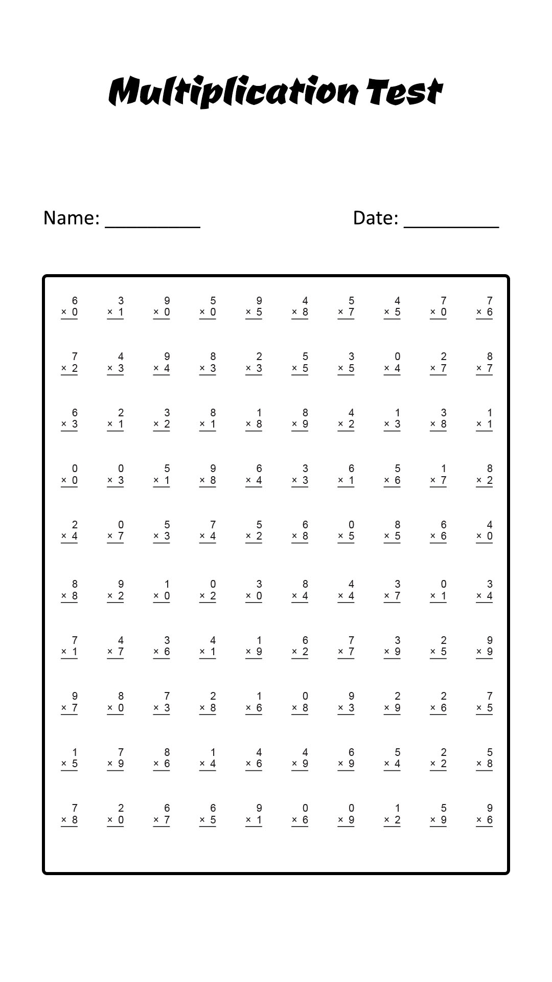 Multiplication Timed Test Printable 0-10