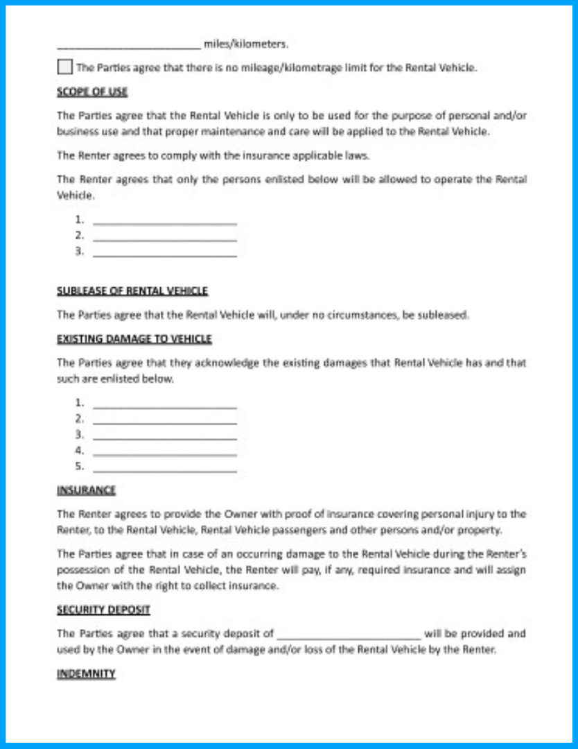 Printable Car Rental Agreement Form
