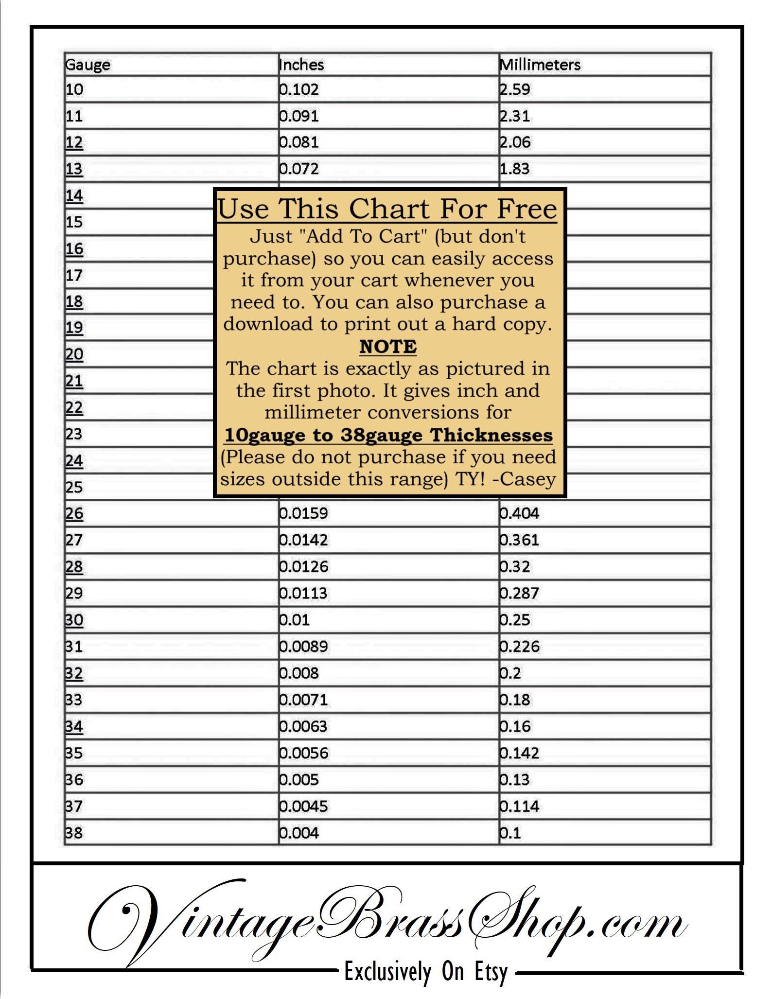 Free Chart To Convert Wire And Sheet Metal Gauges 10g To 38g To Inches And Millimeters Tutorial Etsy