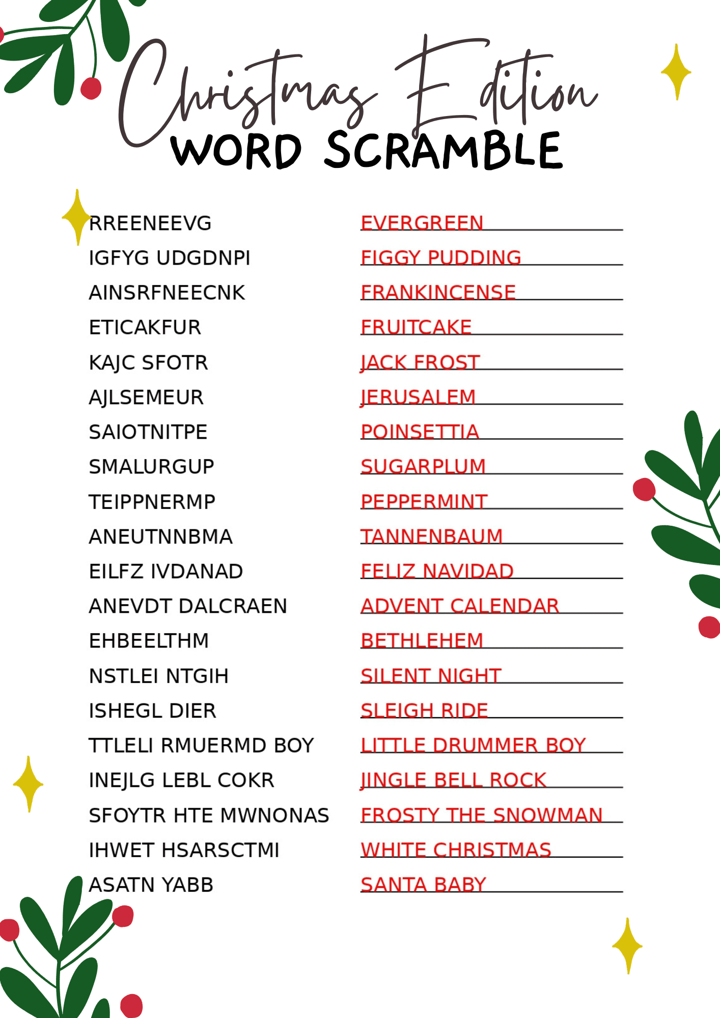 Christmas Word Scramble Free Printable
