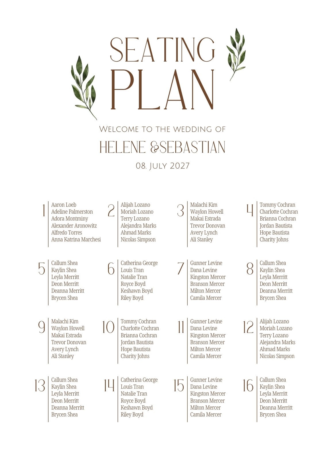 Free Printable Seating Chart Template For Wedding
