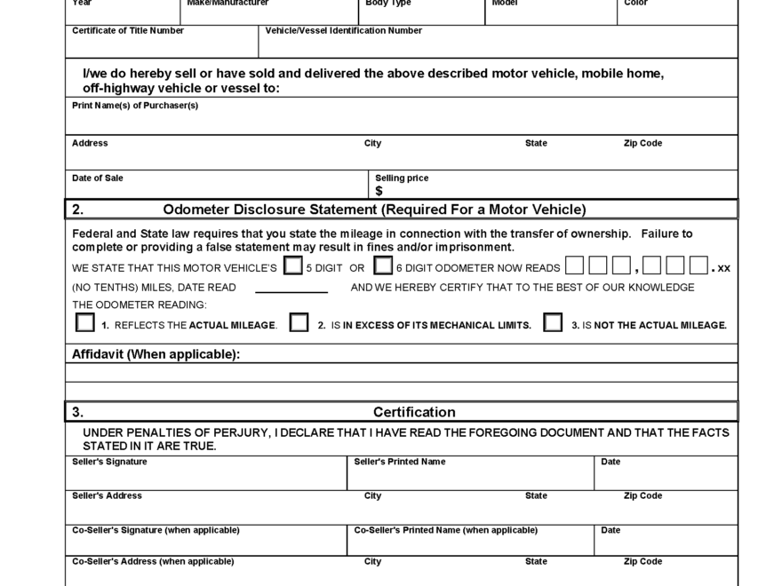 Free Florida Motor Vehicle Bill Of Sale Form PDF