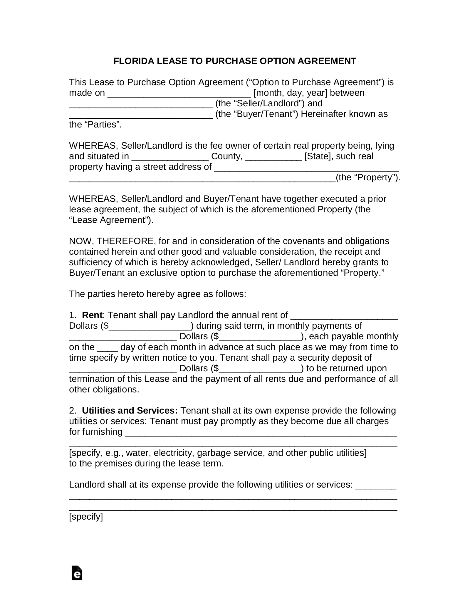 Printable Rent To Own Agreement