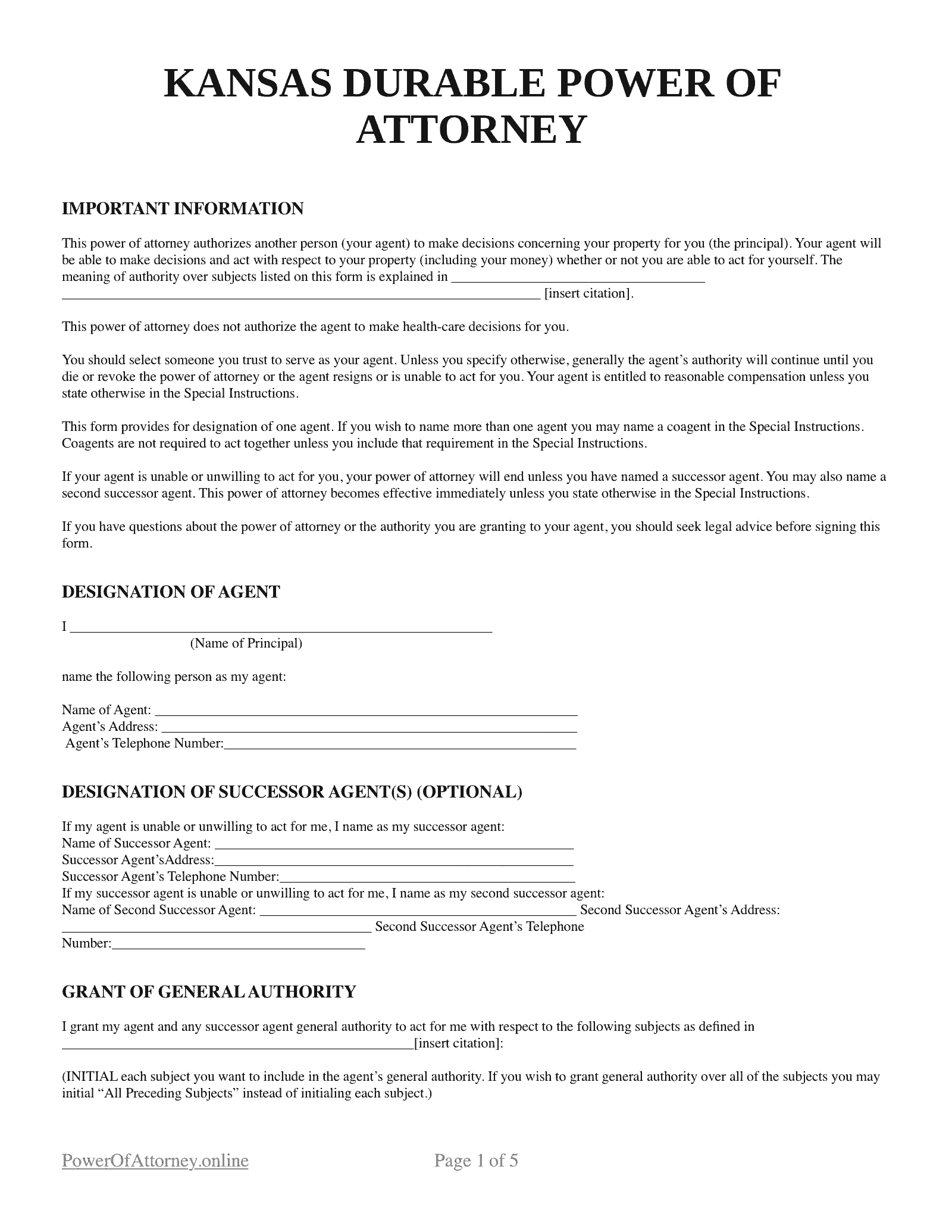 Free Printable Kansas Power Of Attorney Form