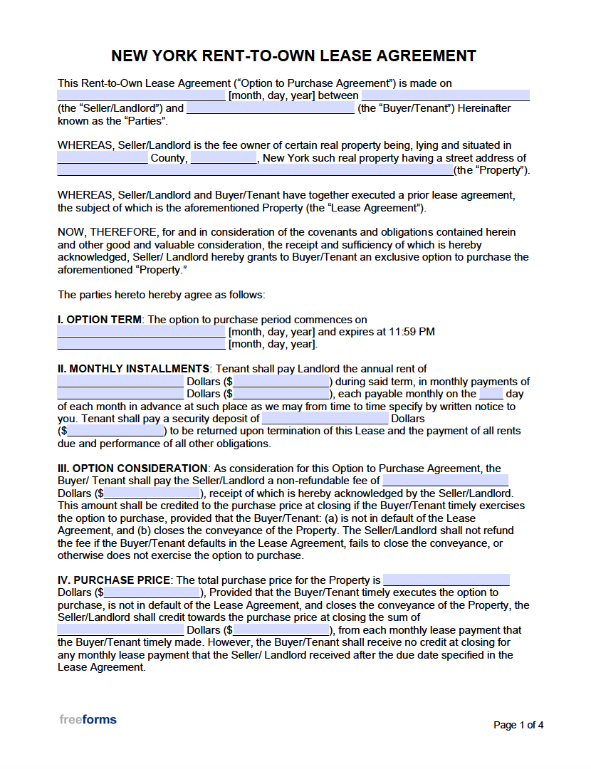 Free New York Rent to Own Lease Agreement Template PDF Word