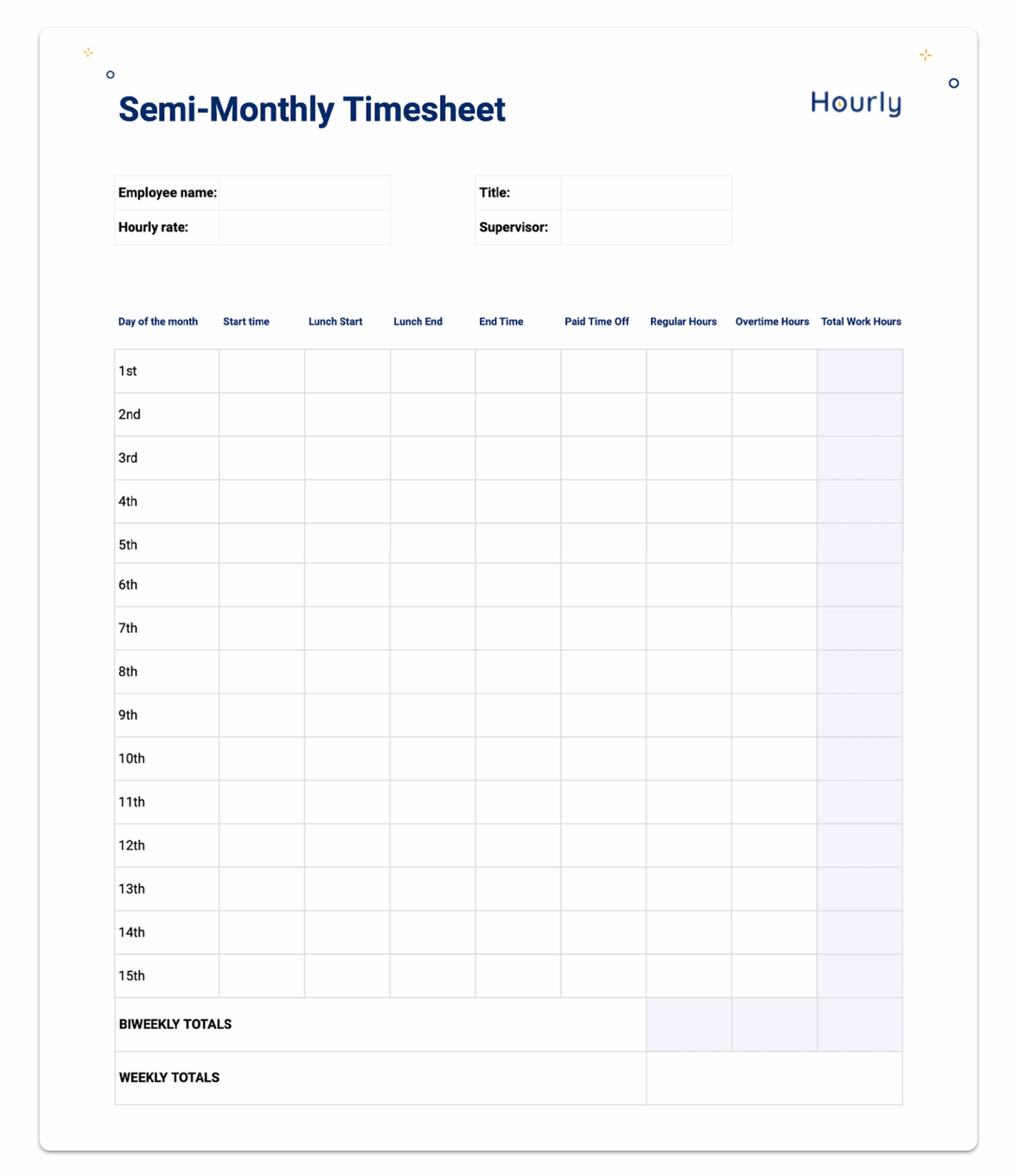 Monthly Timesheet Template Free Printable
