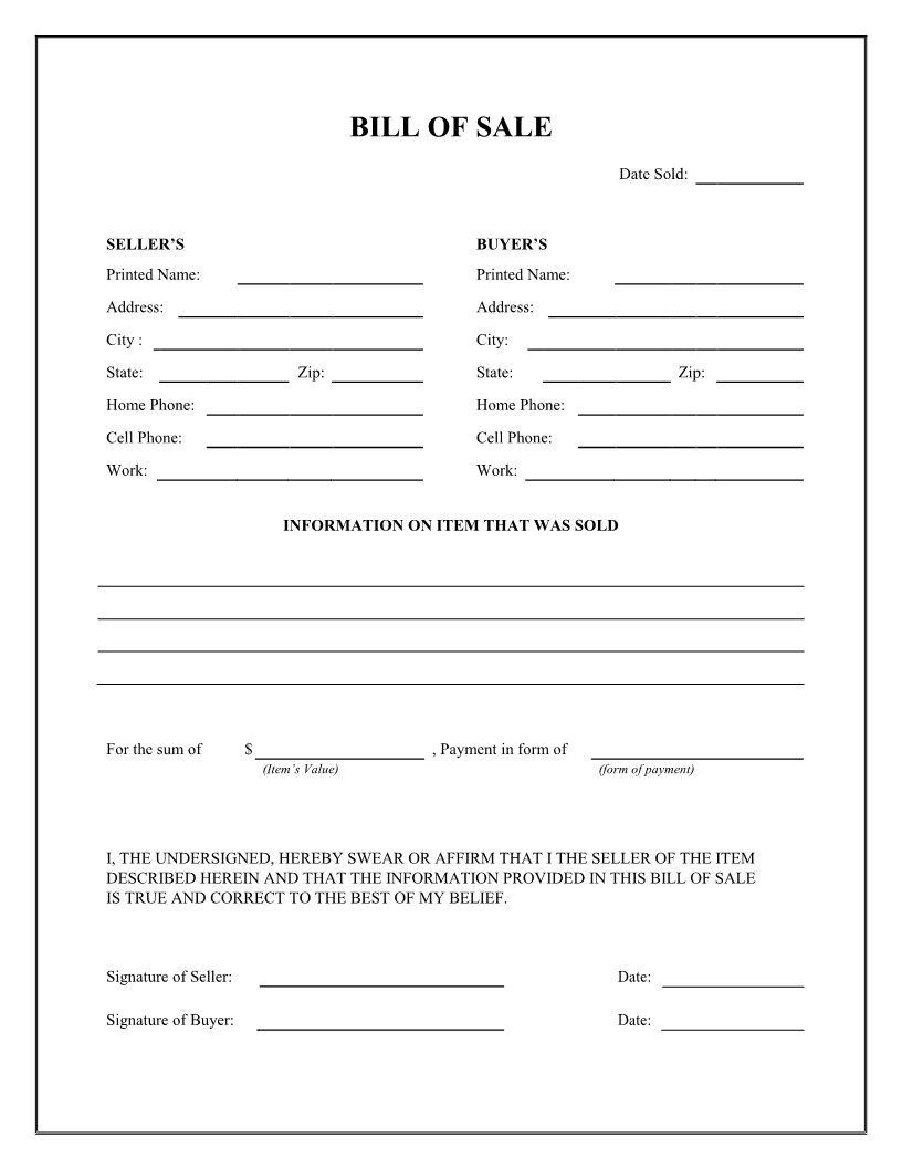 Free Bill Of Sale Form Printable