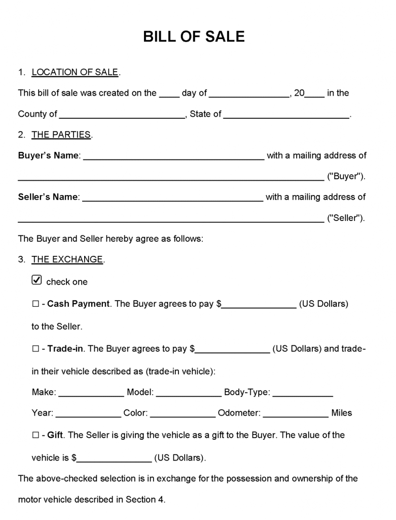 Bill Of Sale Printable Free