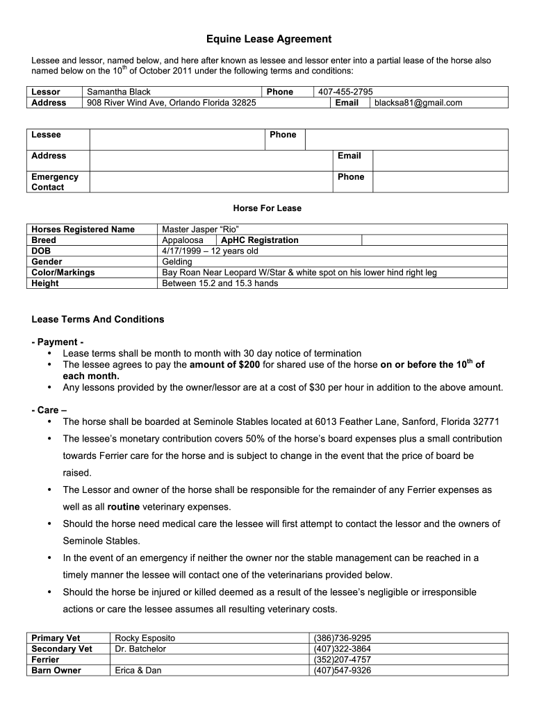 Free Printable Horse Lease Agreement Fill Out Sign Online DocHub