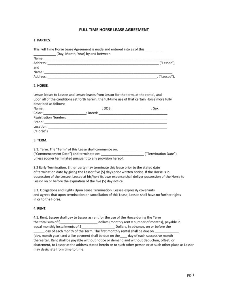 Equine Free Lease Agreement Printable
