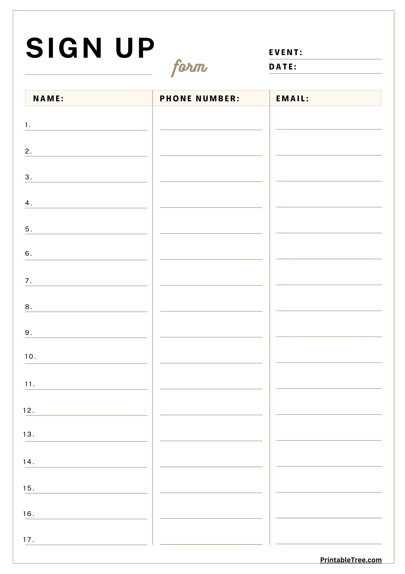 Printable Sign In Sheet Template