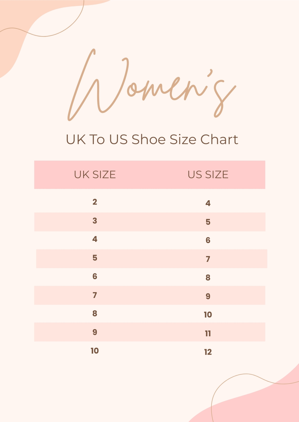 Free Shoe Size Chart Templates Editable And Printable