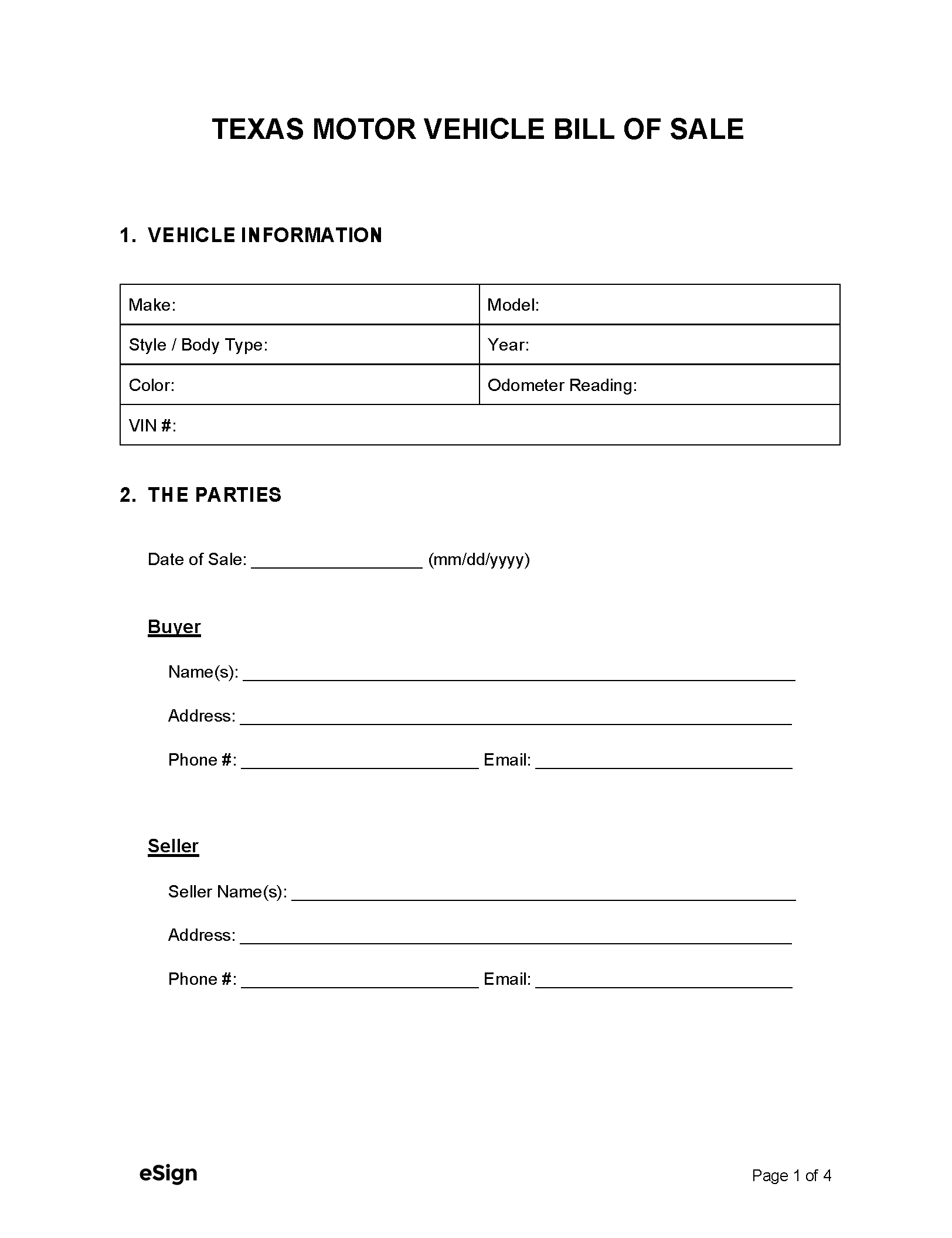 Printable Simple Bill Of Sale For Car