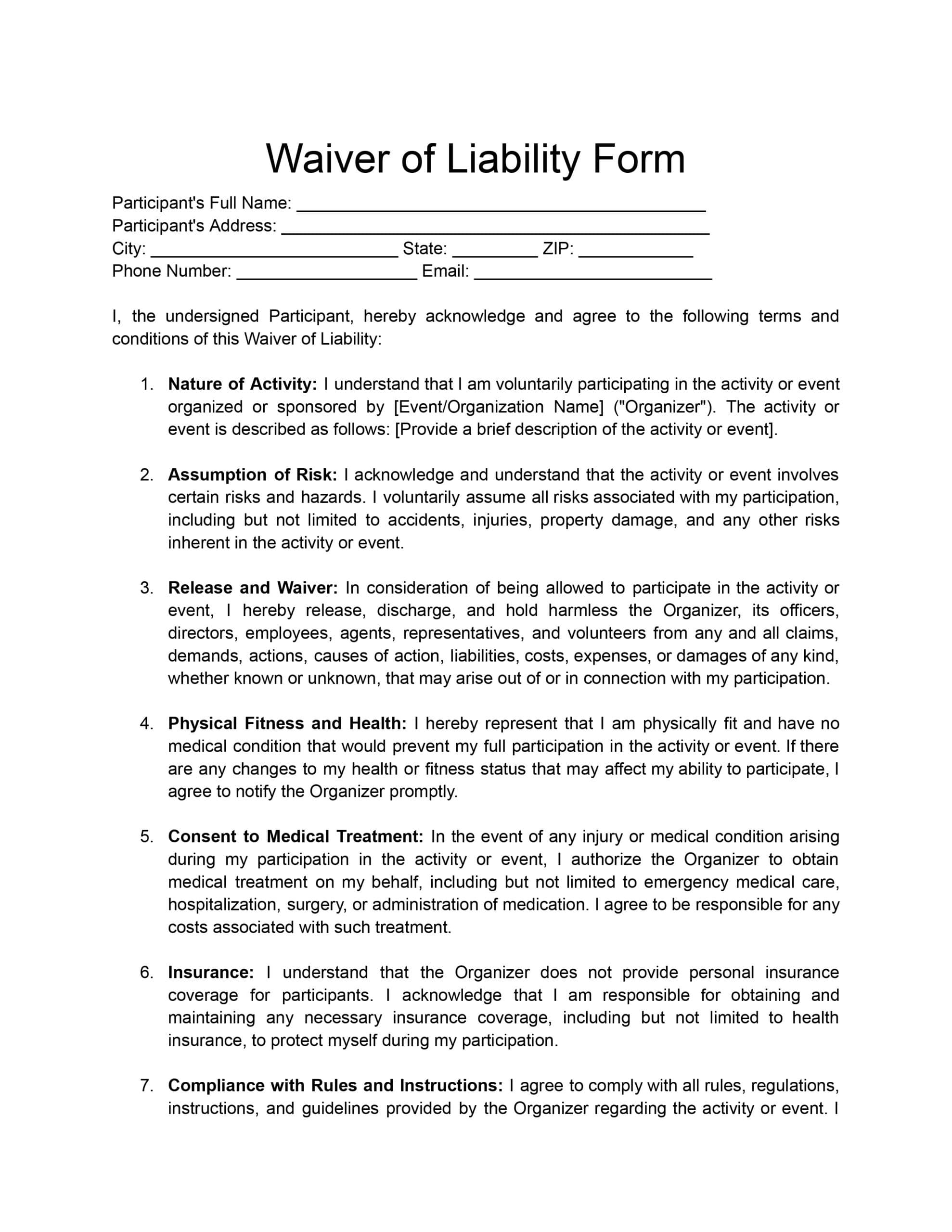 Printable General Release Of Liability Form