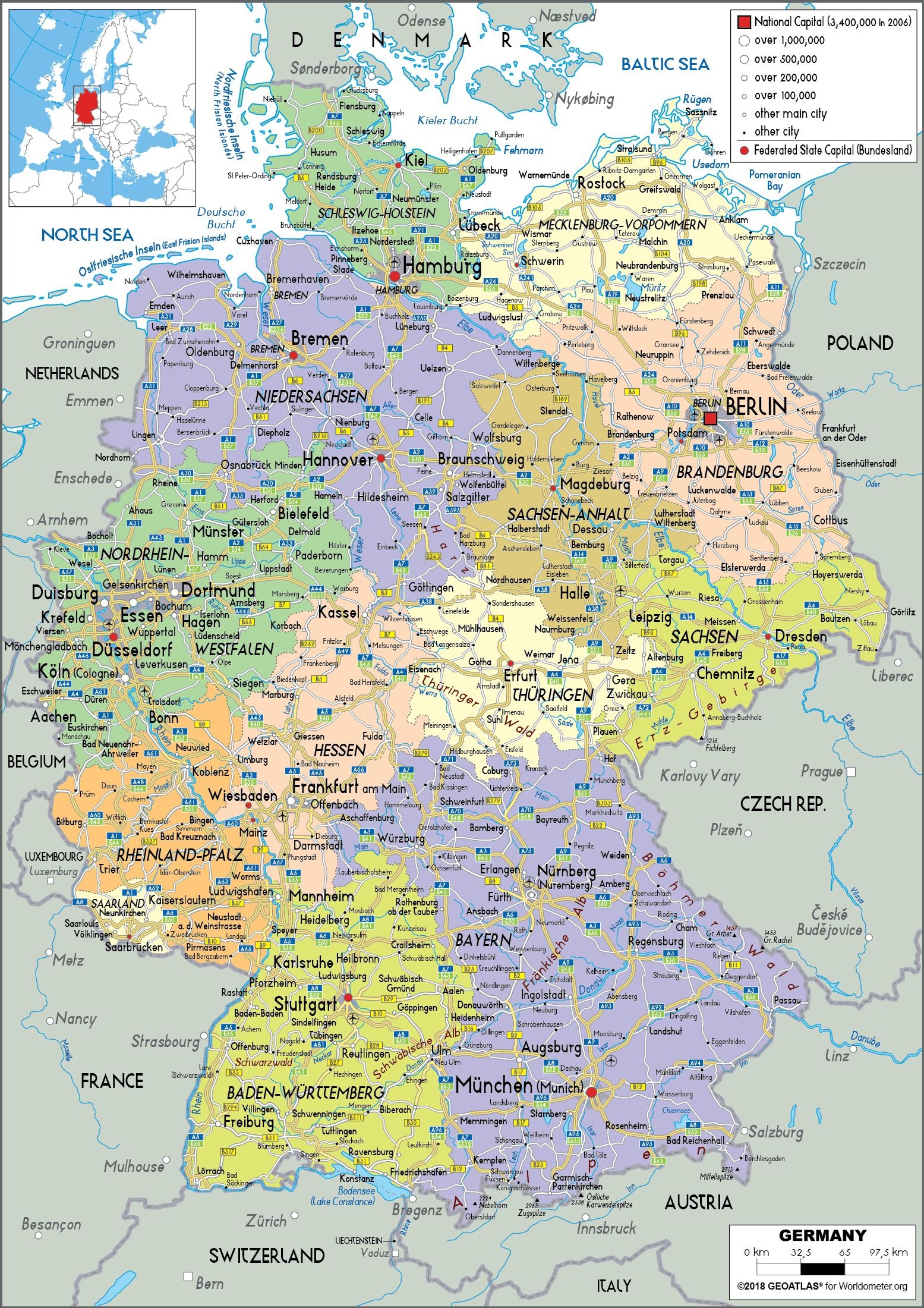 Germany Map With Cities And States Map Of Germany And Cities Western Europe Europe 
