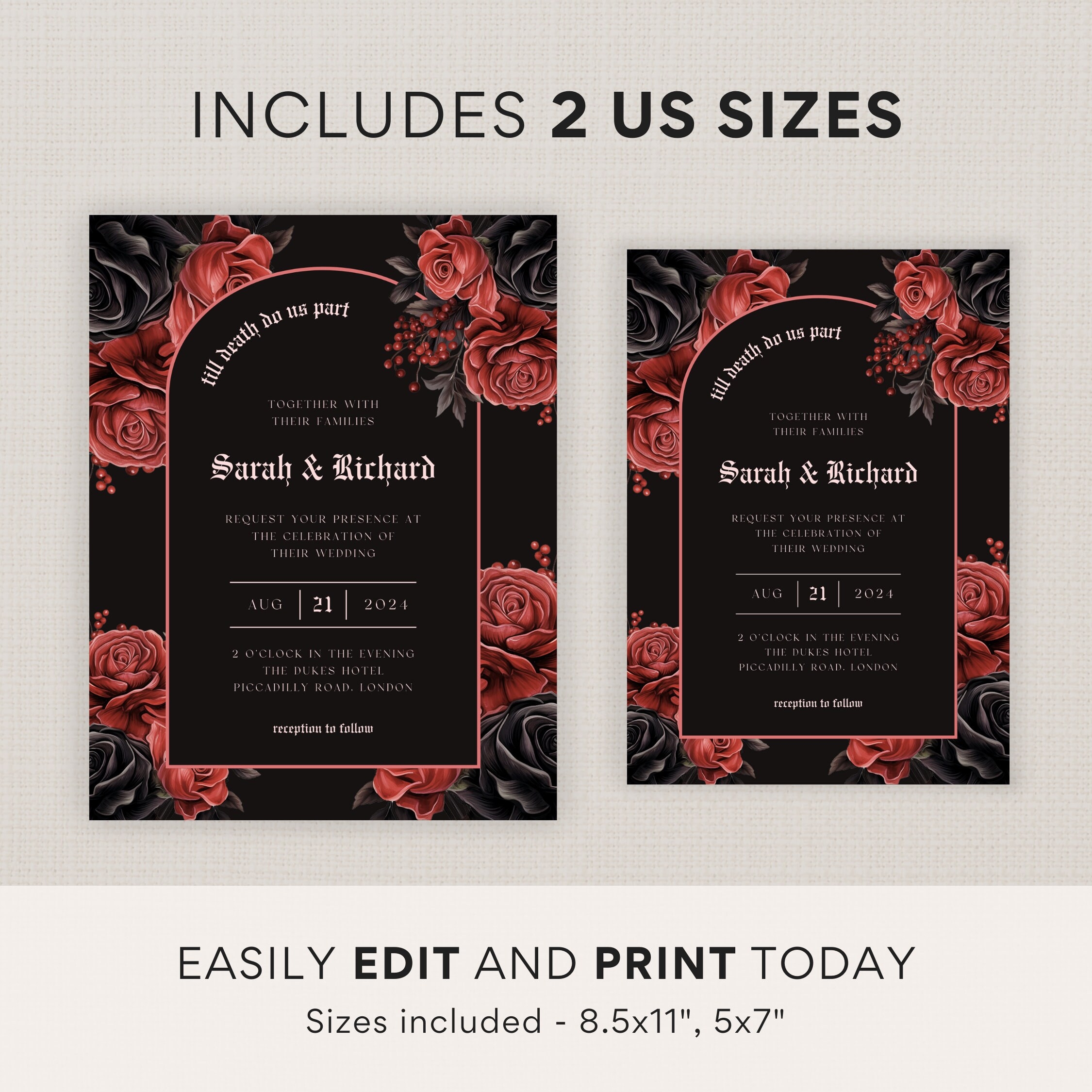 Gothic Wedding Invitation Template Printable Halloween Marriage Invite Save The Dates Card Bridal Event Black And Red Announcement CW23 Etsy