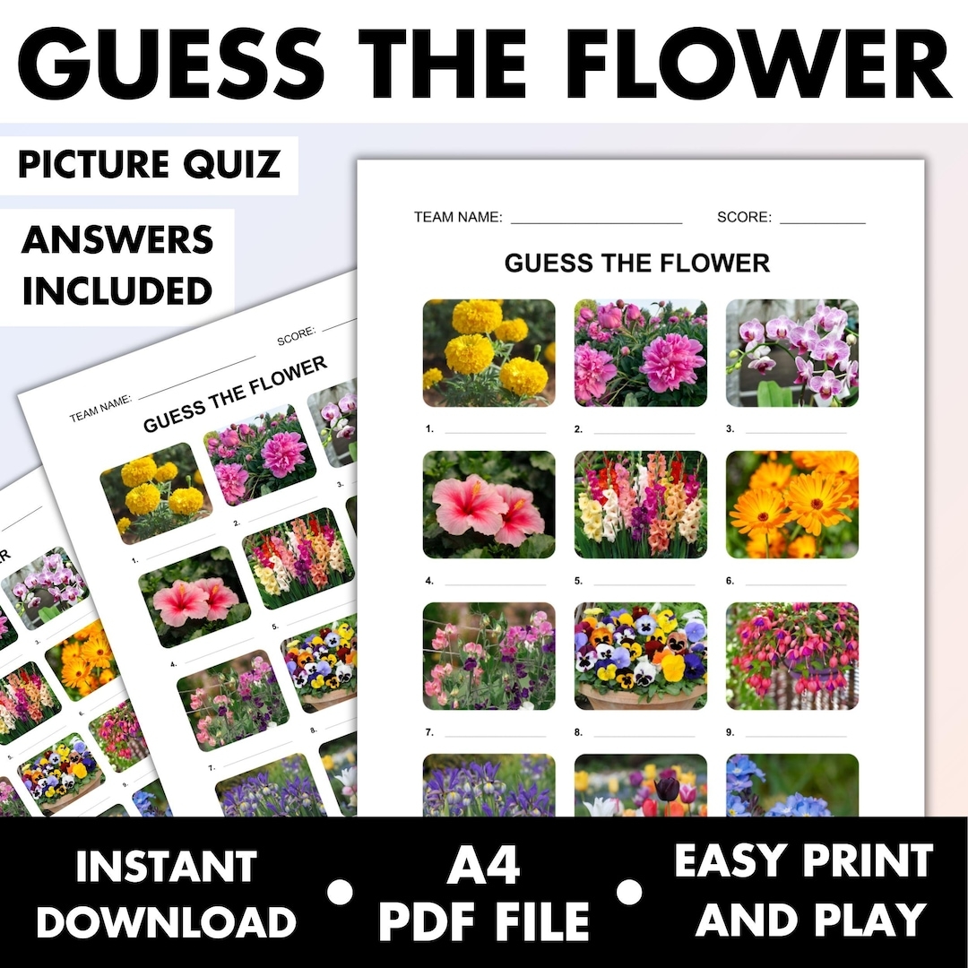 Guess The Flower Picture Quiz Picture Round Pub Quiz With Answers Instant Download Game Flower Trivia Print At Home Etsy