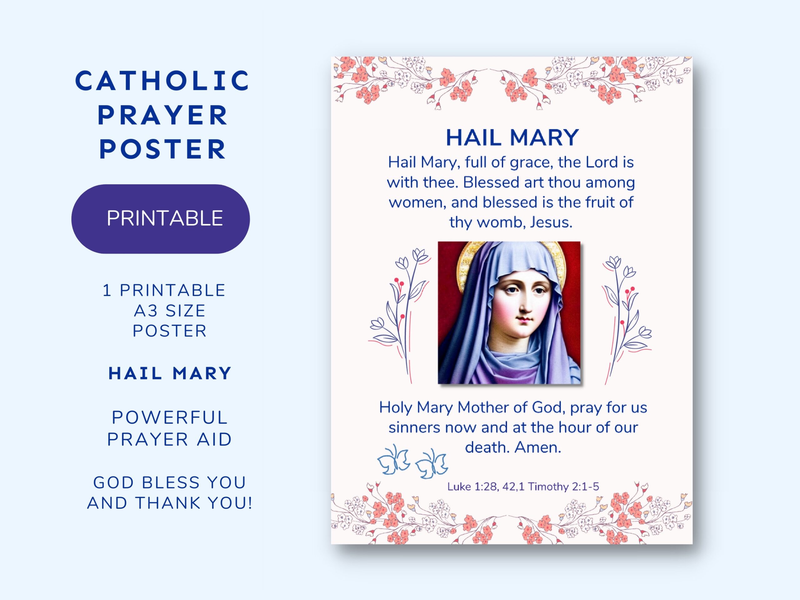 Hail Mary Prayer Poster Printable A3 11 7 X 16 5 Catholic Prayers Printable Poster Hail Mary Poster Etsy