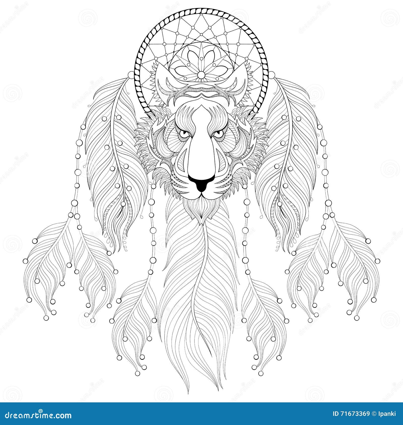 Hand Drawn Zentangle Dreamcatcher With Tribal Tiger Face For Adult Coloring Pages Post Card T shirt Print Boho Style Isolated Stock Vector Illustration Of Hand Anger 71673369