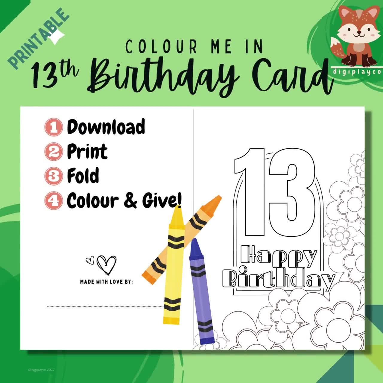 Happy 13th Birthday Floral Card Printable Colour In Kids 13 Year Old Digital PDF Download Coloring Activity Children DIY Handmade Etsy