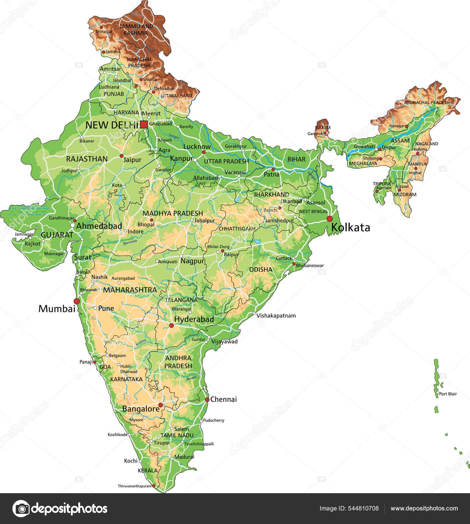 High Detailed India Physical Map Labeling Stock Vector By delpieroo 544810708