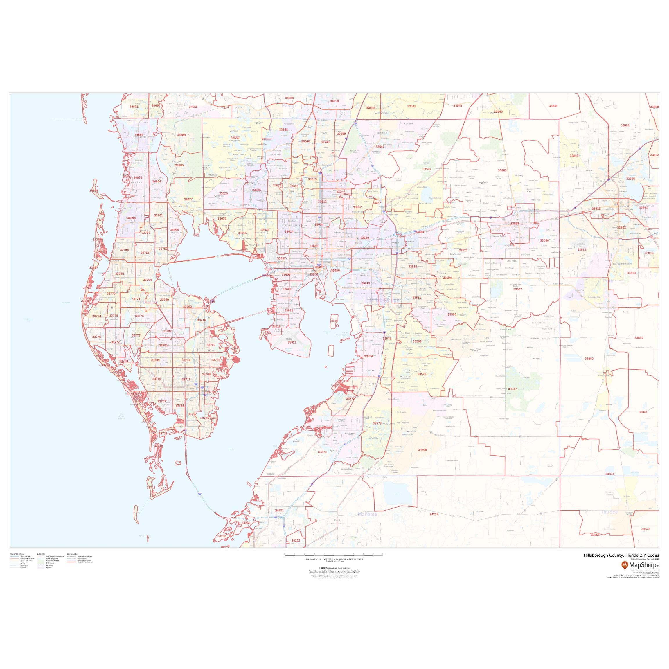 Hillsborough County Florida Zip Codes By Map Sherpa The Map Shop