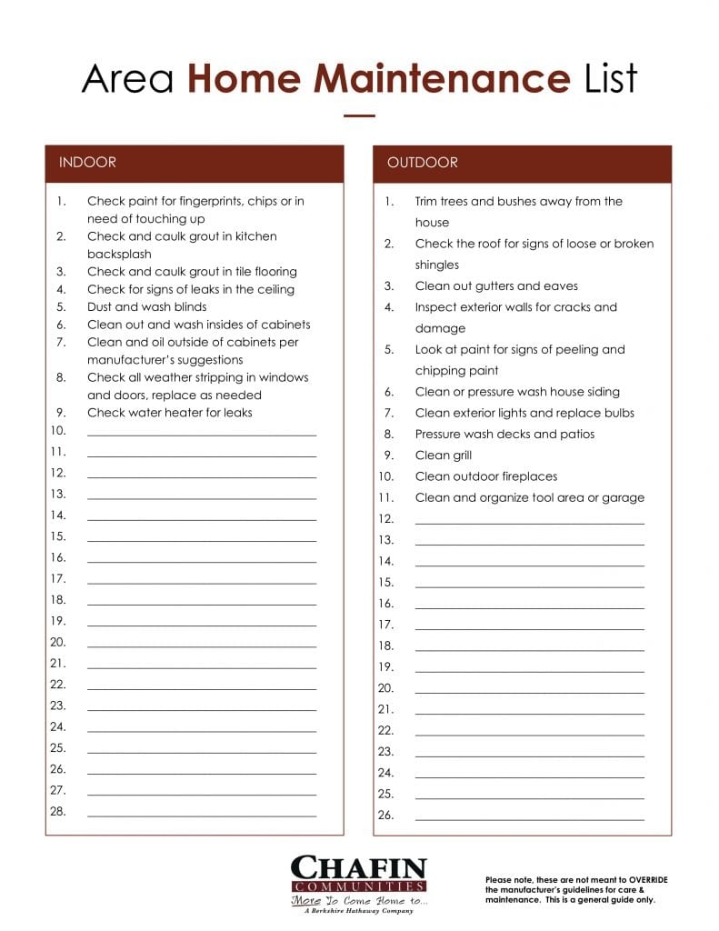 Home Care Maintenance Checklist Chafin Communities