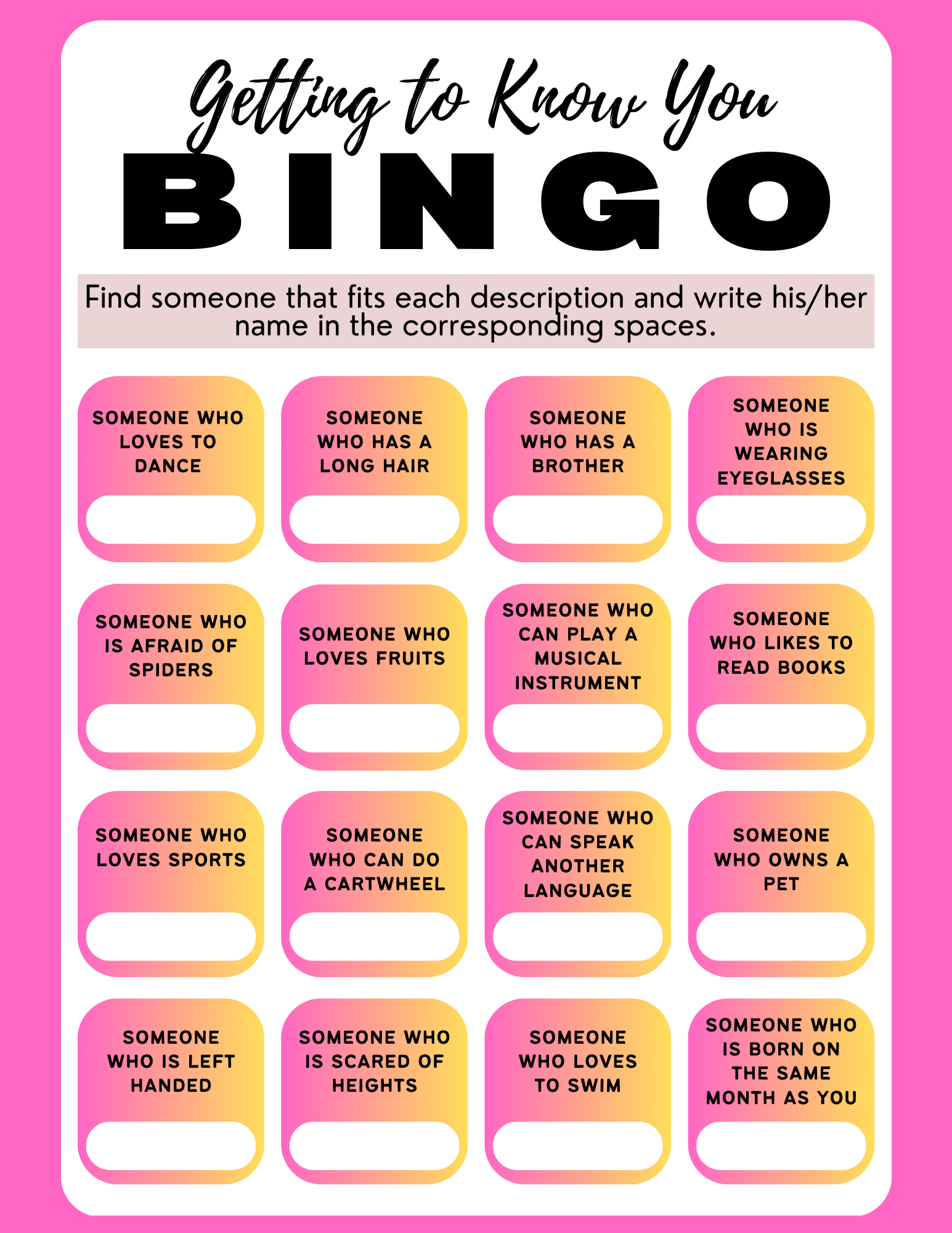 Getting To Know You Bingo Printable