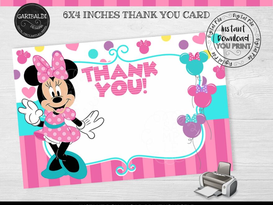 Instant Download Minnie Thank You Card Printable Minnie Thank You Note Minnie Thank You Party Card FTB1 Etsy