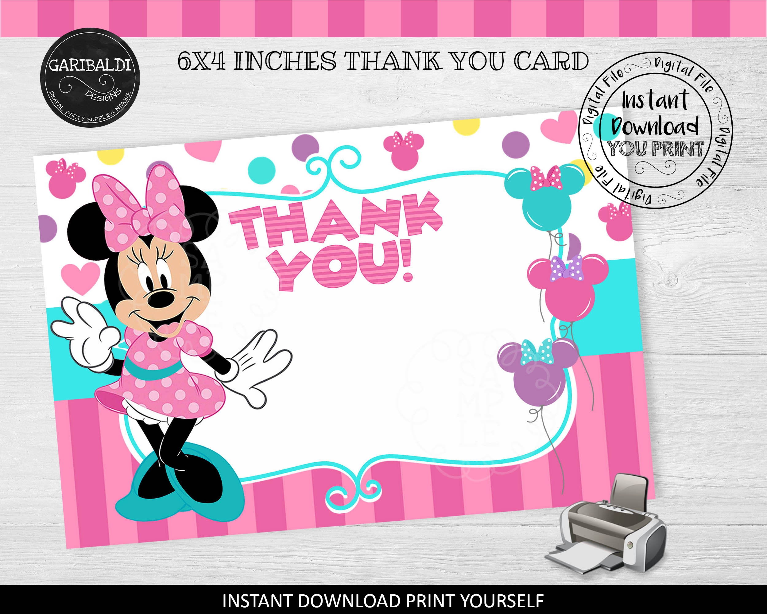Instant Download Minnie Thank You Card Printable Minnie Thank You Note Minnie Thank You Party Card FTB1 Etsy