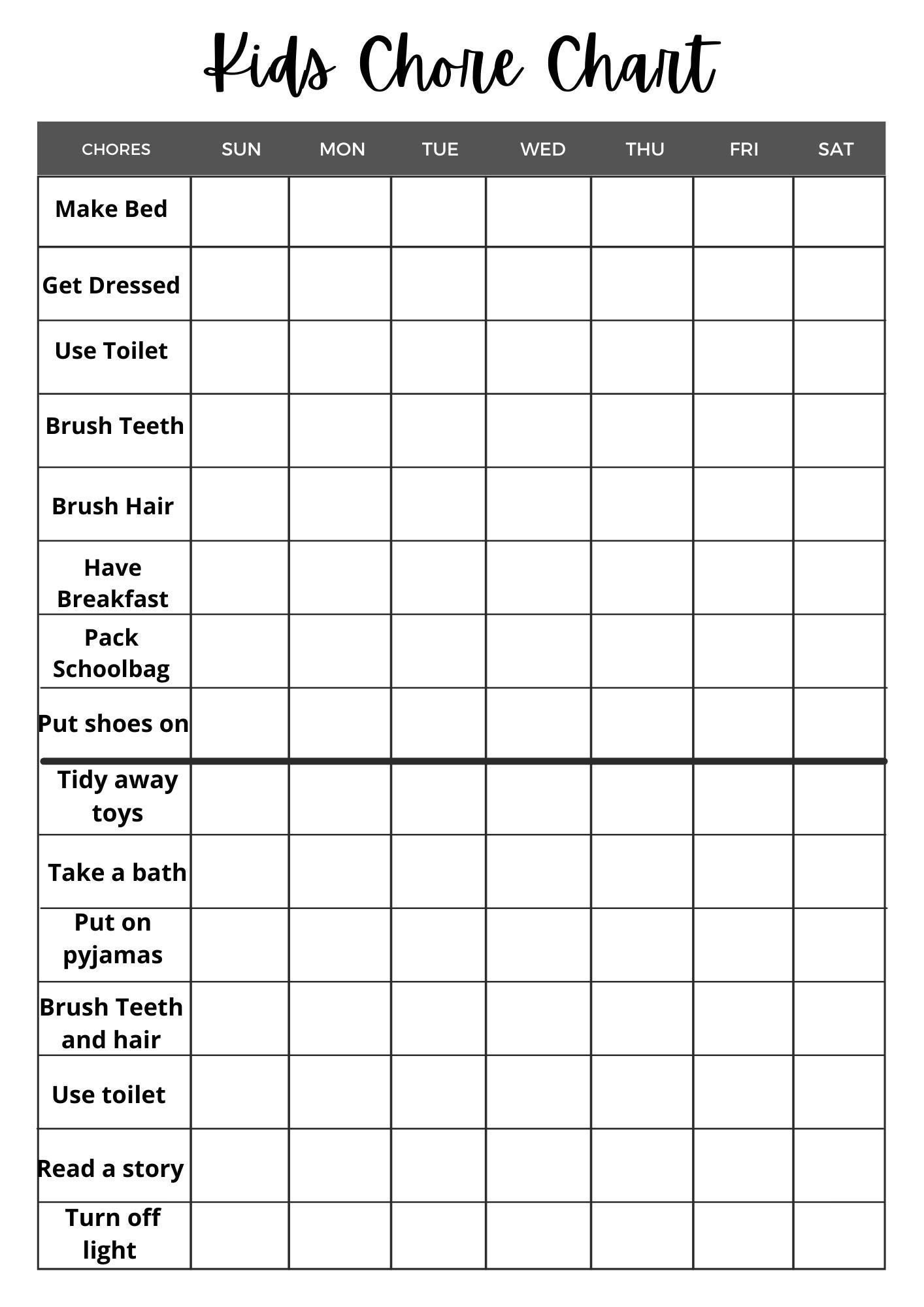 Printable Chore Charts For 10 Year Old Girl