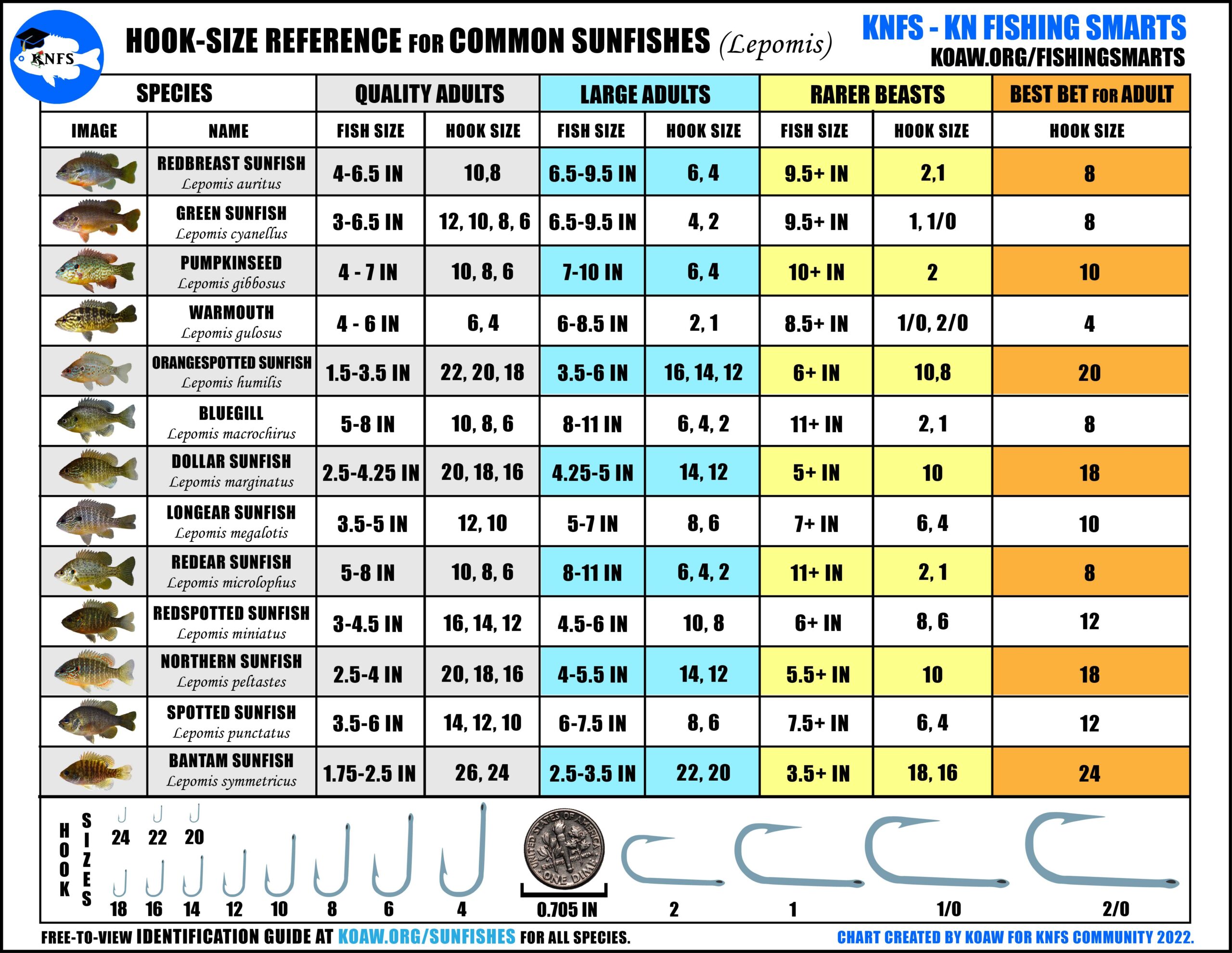 KNFS Free Hook Size Chart For Common Sunfishes Bluegill Longear Sunfish Green Sunfish Redear Sunfish And More Koaw Nature