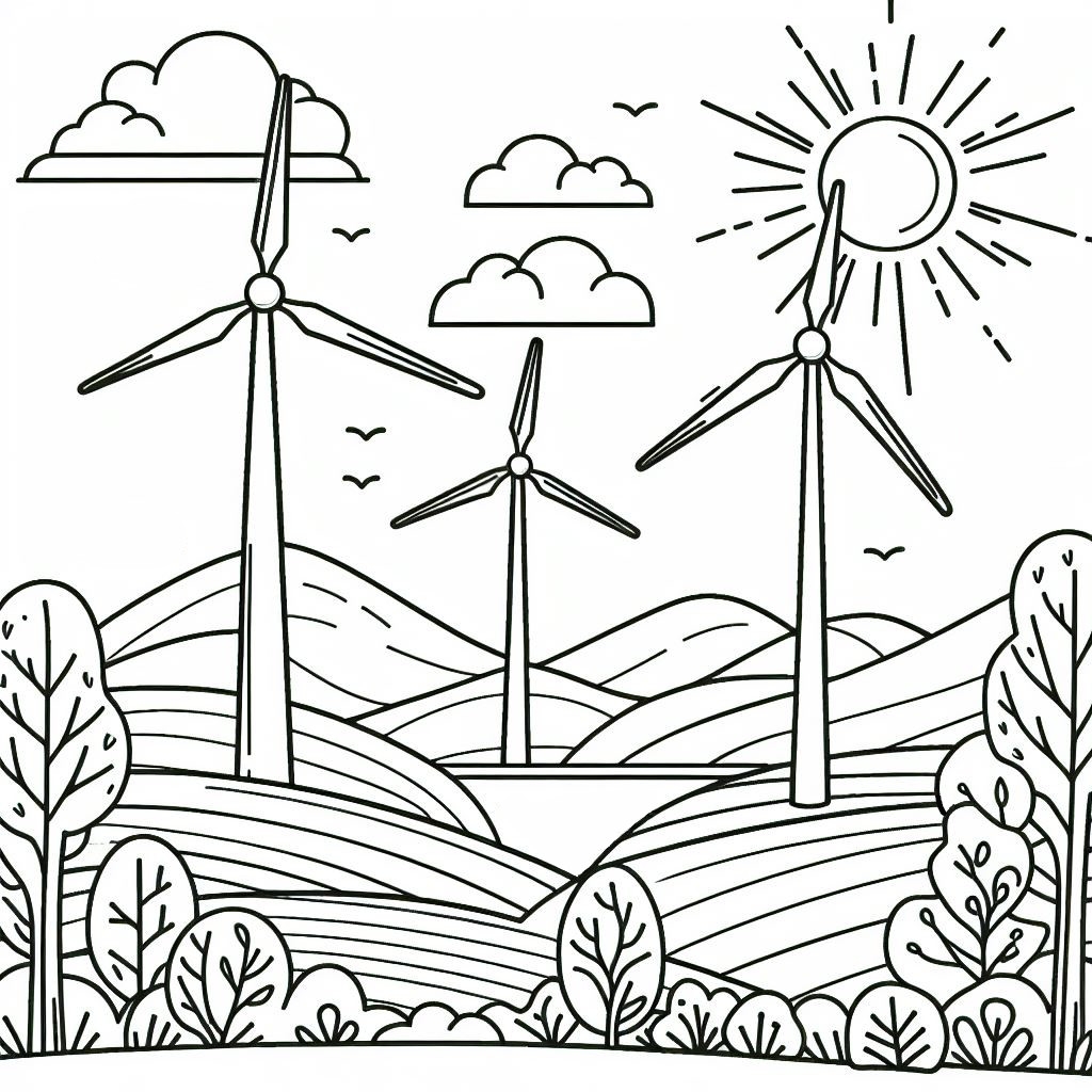 Landscape With Wind Turbines And Sun Coloring Page