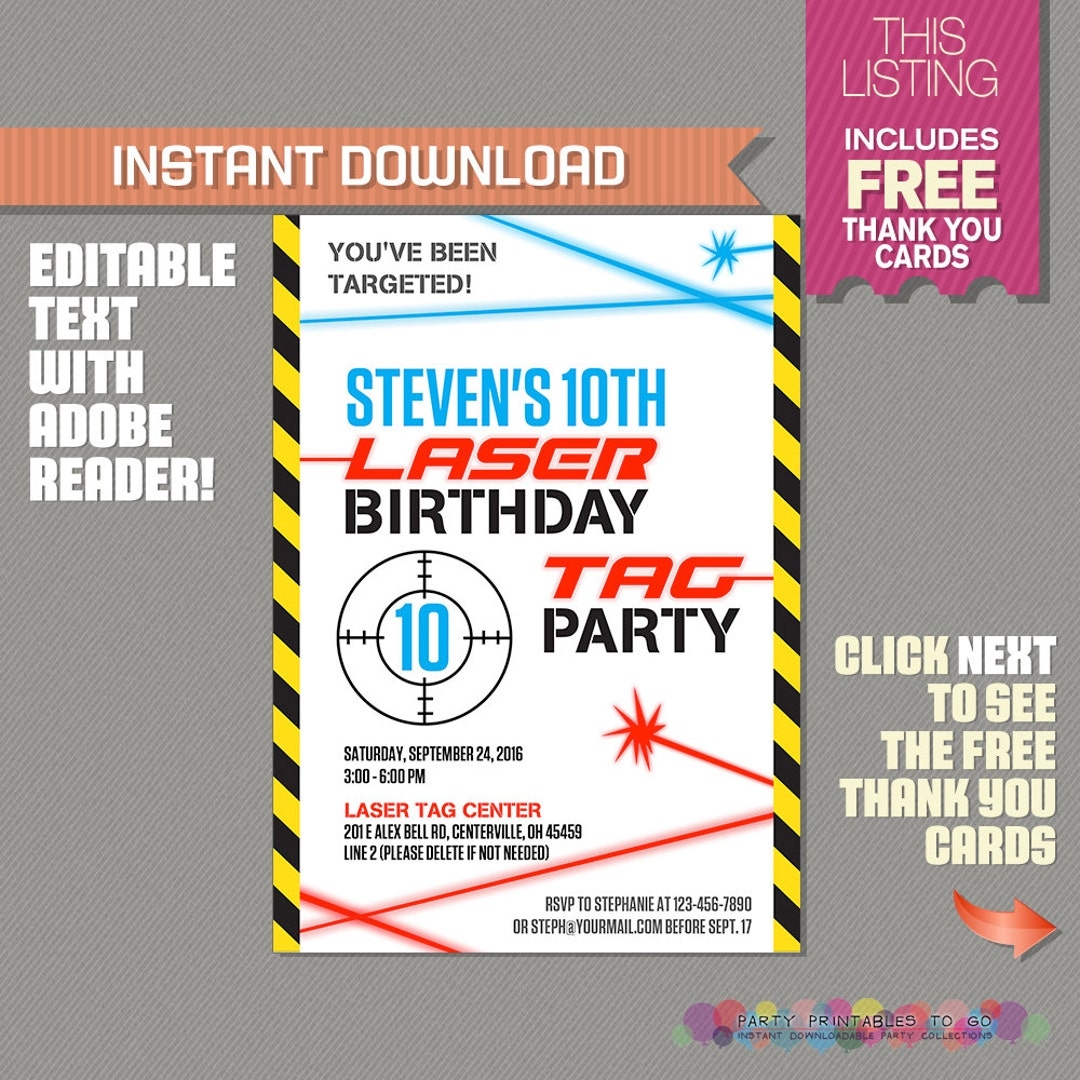 Laser Tag Invitation With FREE Thank You Card Laser Tag Party Instant Download Edit And Print At Home With Adobe Reader Etsy Norway