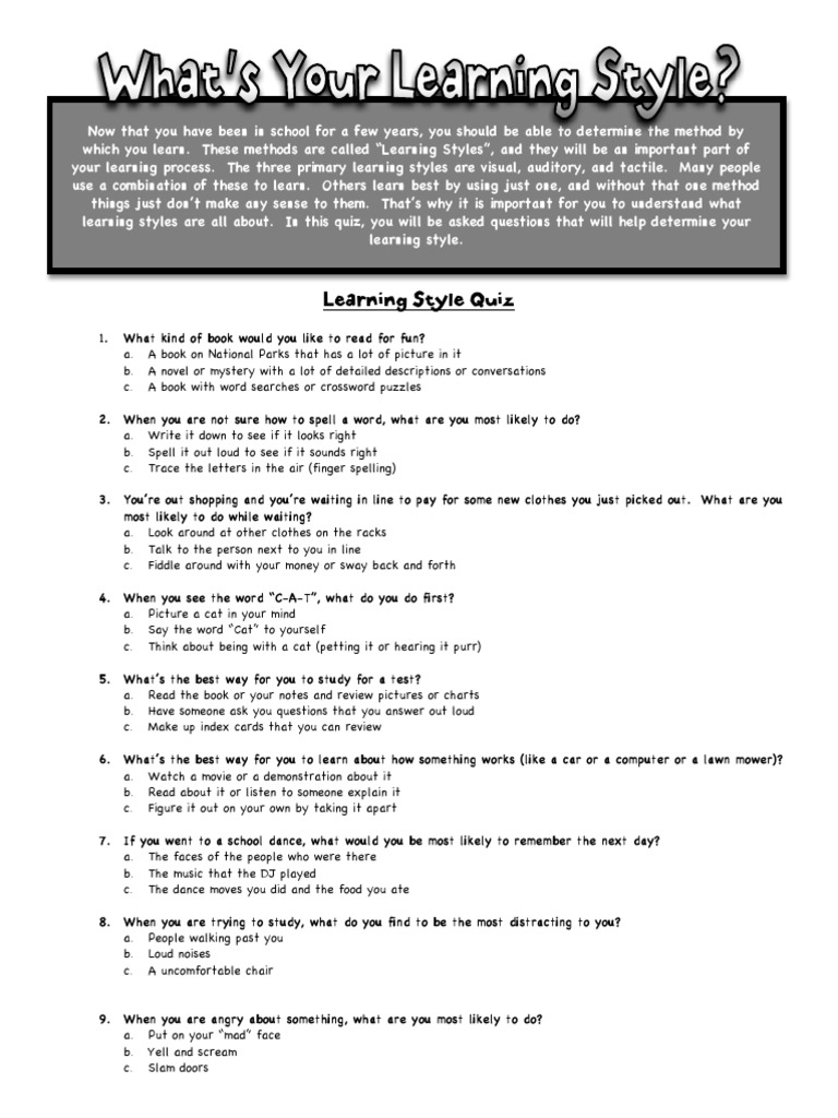 Learning Styles Quiz PDF Learning Styles Visual Perception Worksheets Library
