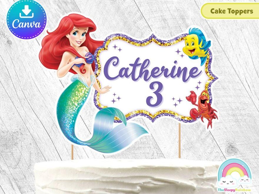 Little Mermaid Birthday Party Cake Toppers Little Mermaid Ariel Printable Birthday Cake Toppers Easy Edit Canva Template Editable File Etsy