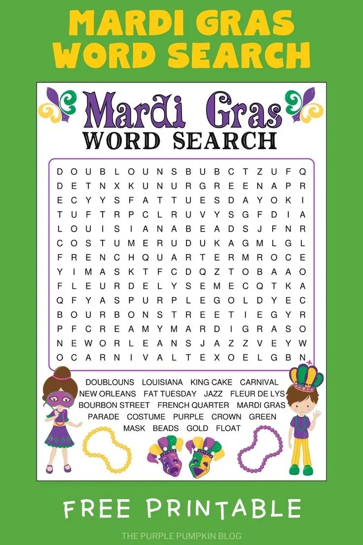 Mardi Gras Wordsearch Free Printable