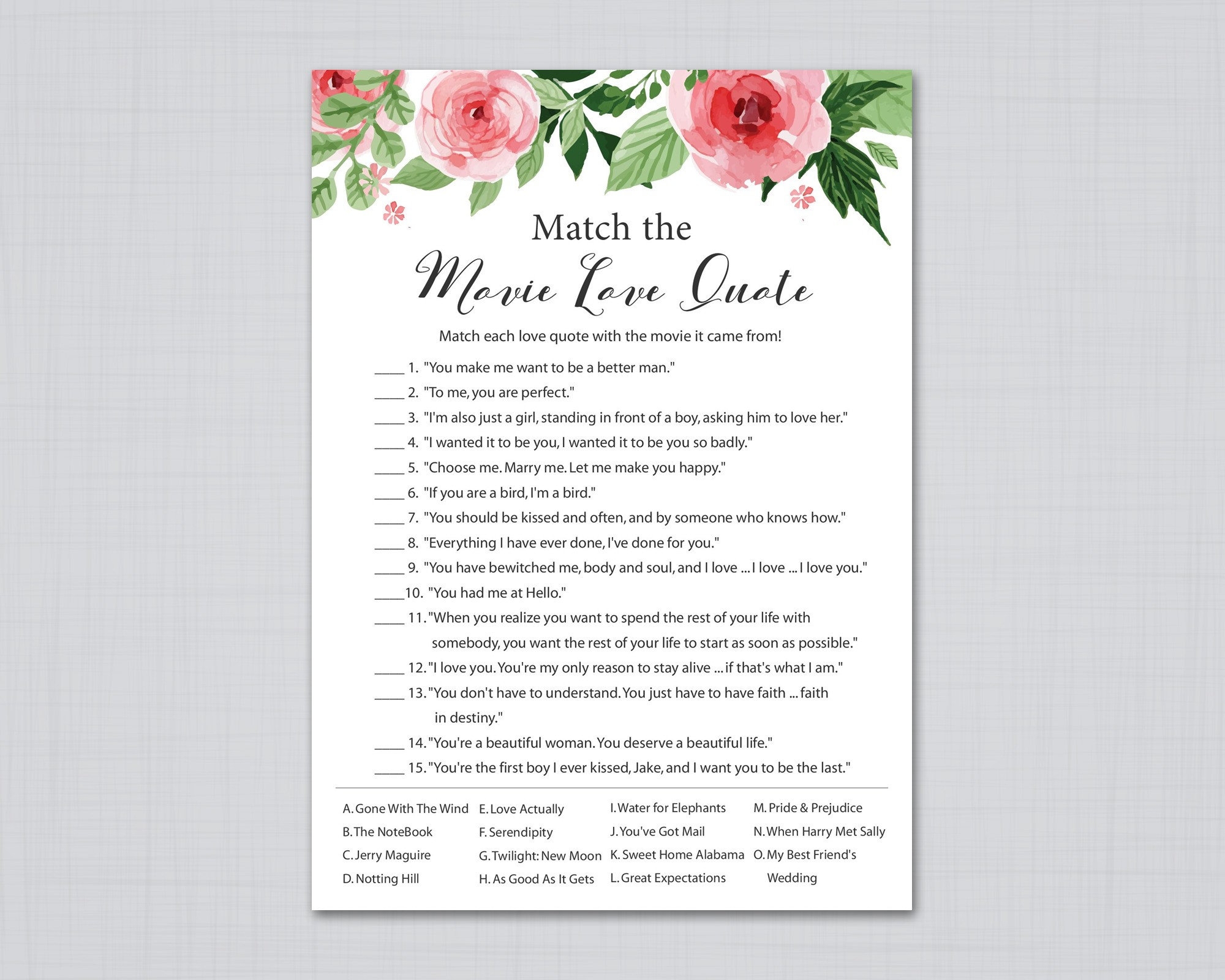 Match The Movie Love Quote Printable Bridal Shower Floral Bridal Shower Games Movie Quote Game Movie Love Quotes Famous Quotes J003 Etsy