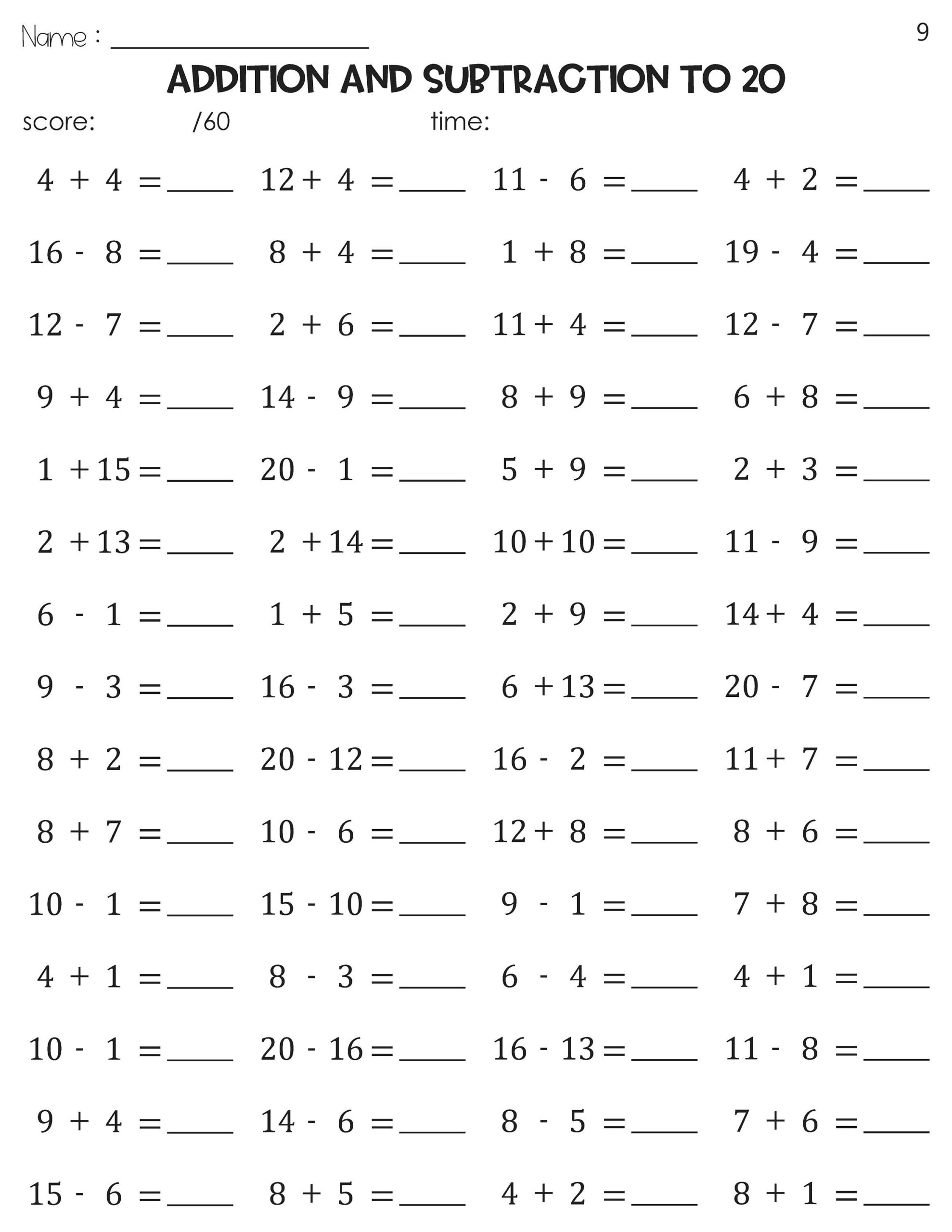 Math Fact Fluency Addition And Subtraction To 20 Timed Tests Practice Etsy