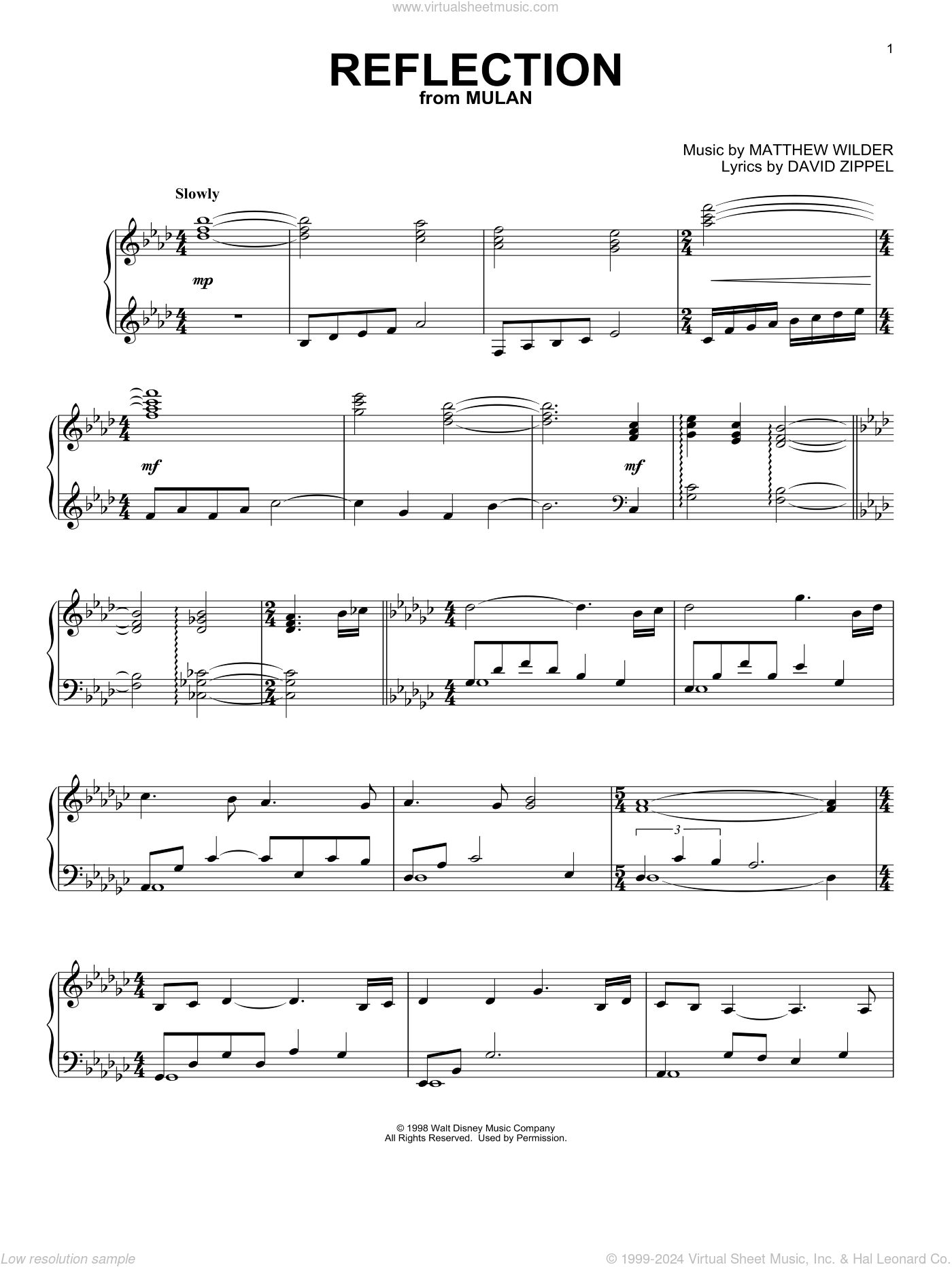Matthew Wilder Reflection from Mulan Sheet Music For Piano Solo