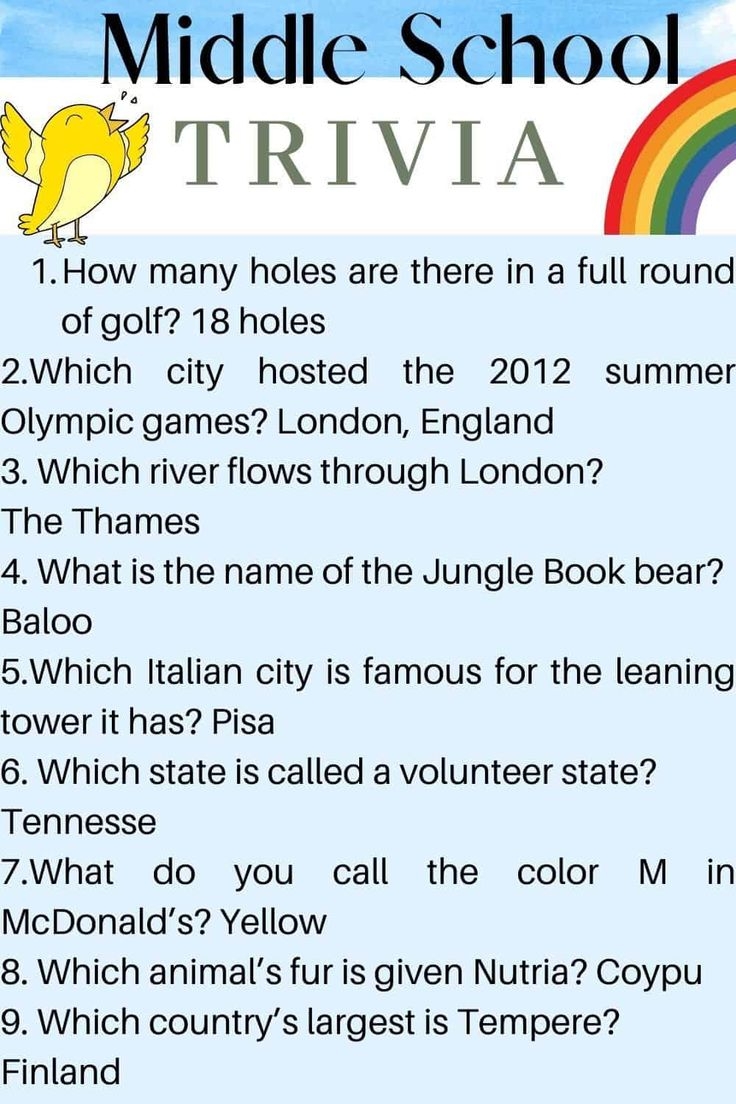 Middle School Trivia Printable Cards