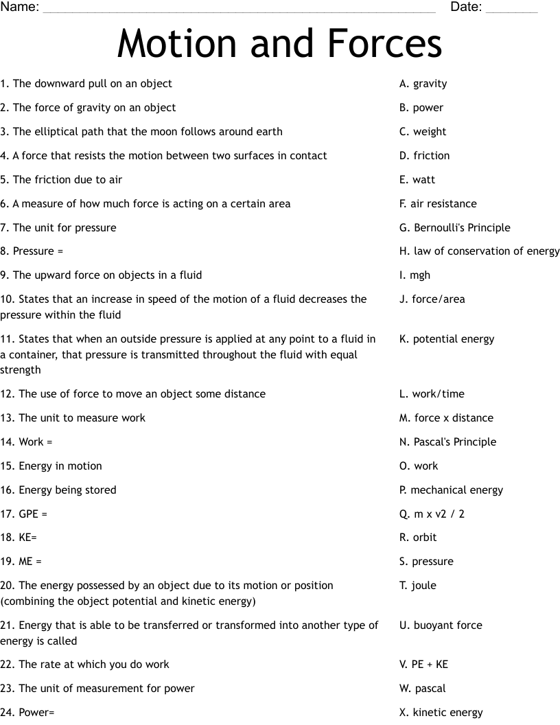 Free Printable Force And Motion Worksheets