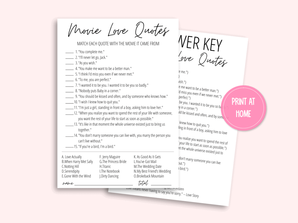 Movie Love Quotes Bridal Shower Game Free Printable
