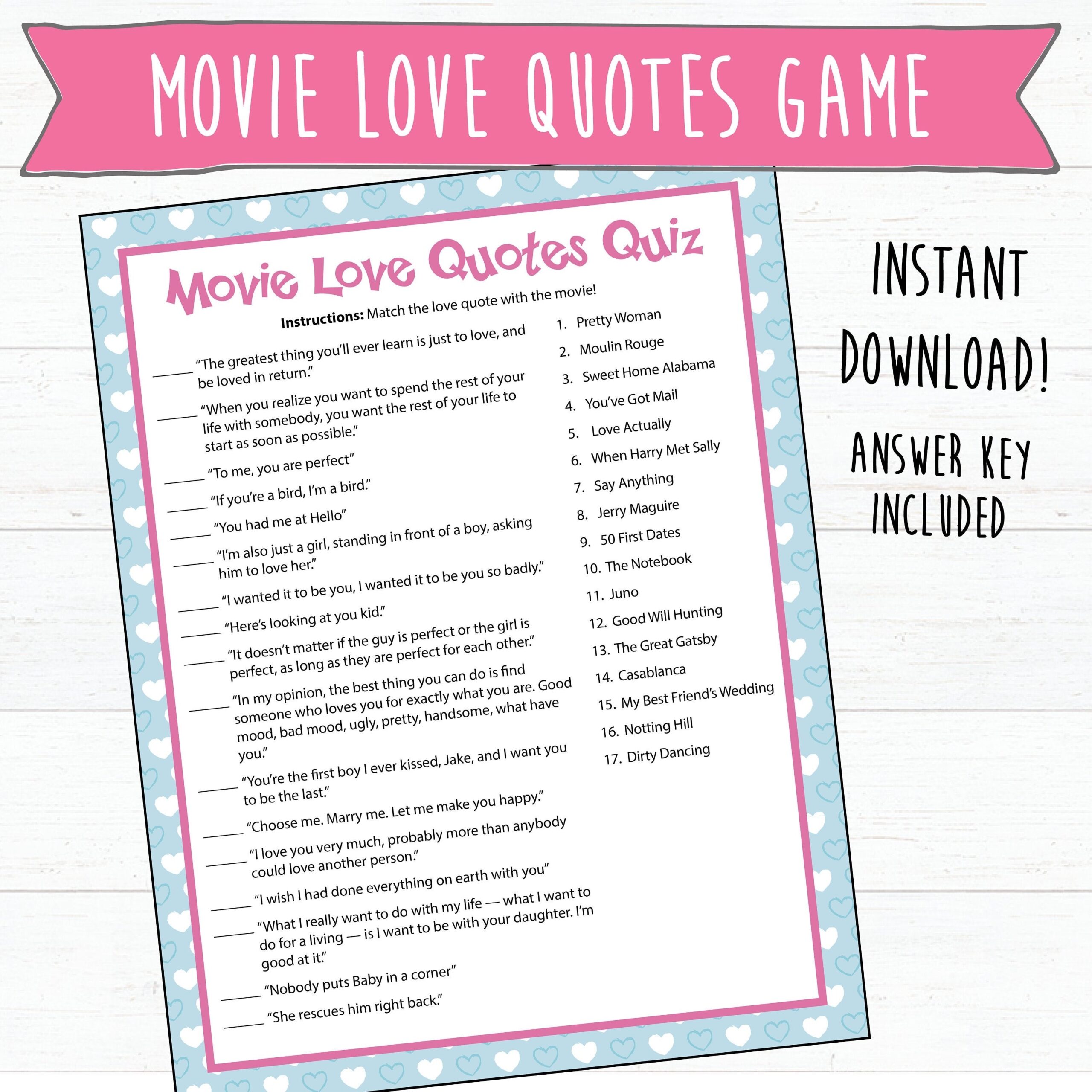 Movie Love Quotes Trivia Game Instant Download Romantic Movie Quotes Valentine s Games Bridal Shower Games Printable Party Games Etsy