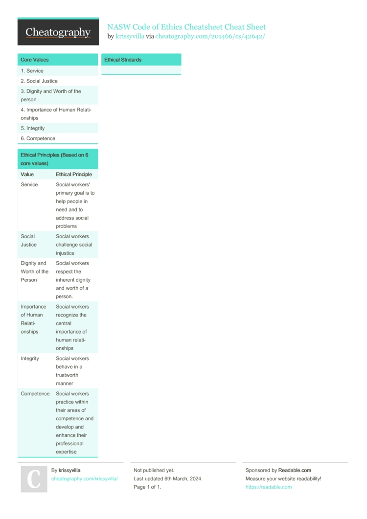 NASW Code Of Ethics Cheatsheet Cheat Sheet By Krissyvilla Download Free From Cheatography Cheatography Cheat Sheets For Every Occasion