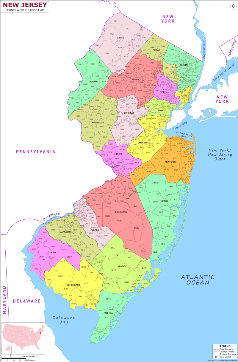 New Jersey County Zip Codes Map